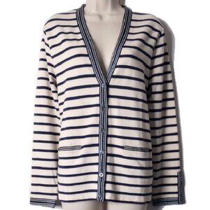 NWOT J Crew Striped Knit Cardigan L Navy Cream Metallic Trim